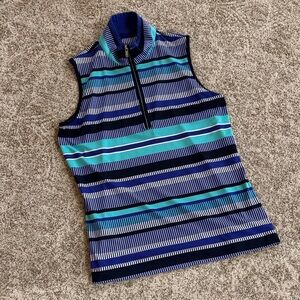 Tail purple and blue striped sleeveless golf shirt.